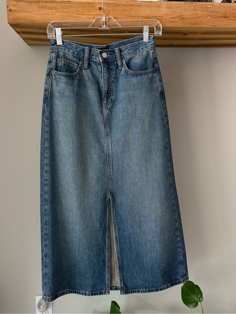 Uniqlo Midwash Blue Denim Maxi Skirt with Front Slit
